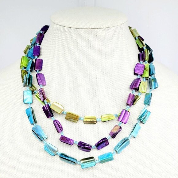 Artisan Jewelry - Artisan Triple Strand Dyed Shell Beaded Necklace 18" Jewel Tones Fashion Costume